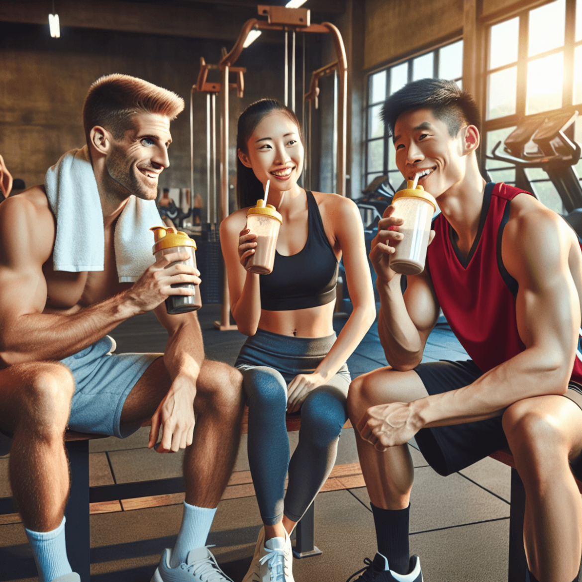 A Caucasian male soccer player, an Asian female weightlifter, and a Hispanic male basketball player are seated together in a gym, smiling and enjoying