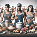 A Caucasian man, an Asian woman, and a Hispanic person are collaboratively preparing protein-rich meals in a bright, inviting kitchen. The man is chop