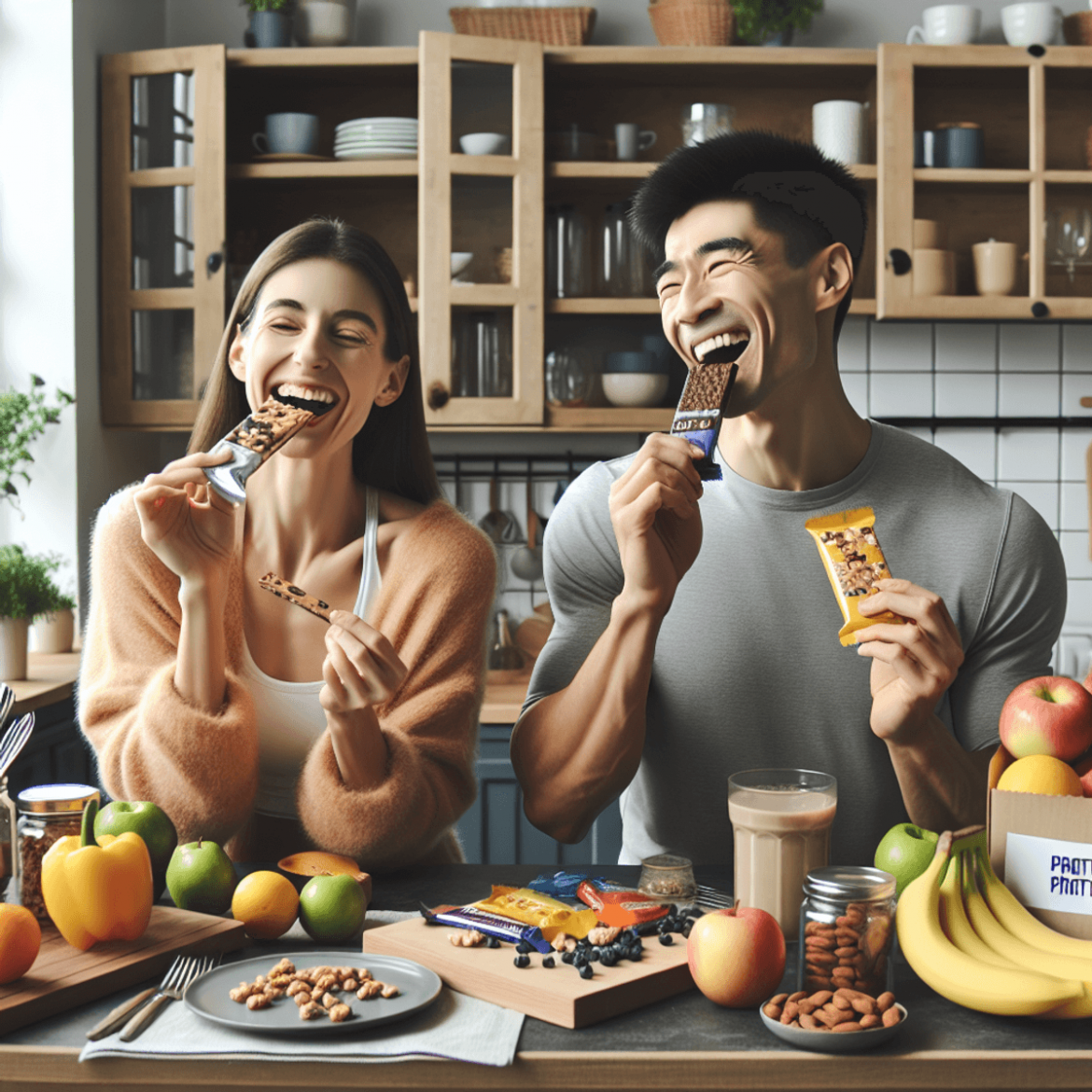A Caucasian woman and an Asian man share a joyful moment in a modern kitchen, enjoying high-protein snacks like protein bars and nuts. They are surrou