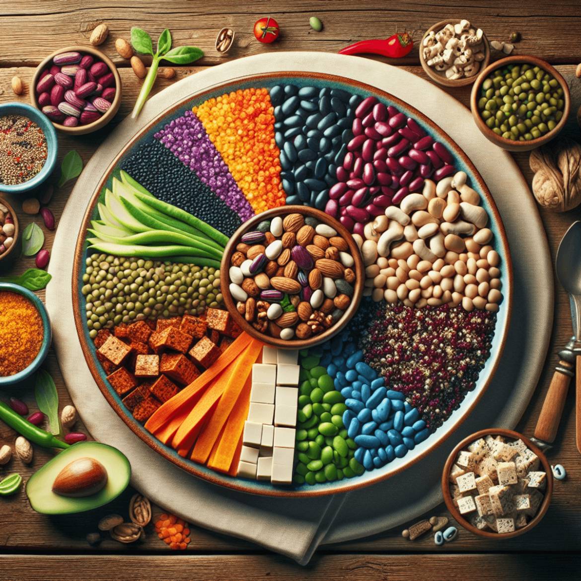 A beautifully arranged plate of a vibrant vegetarian meal featuring a variety of protein-rich foods. The plate includes colorful lentils, beans, nuts,