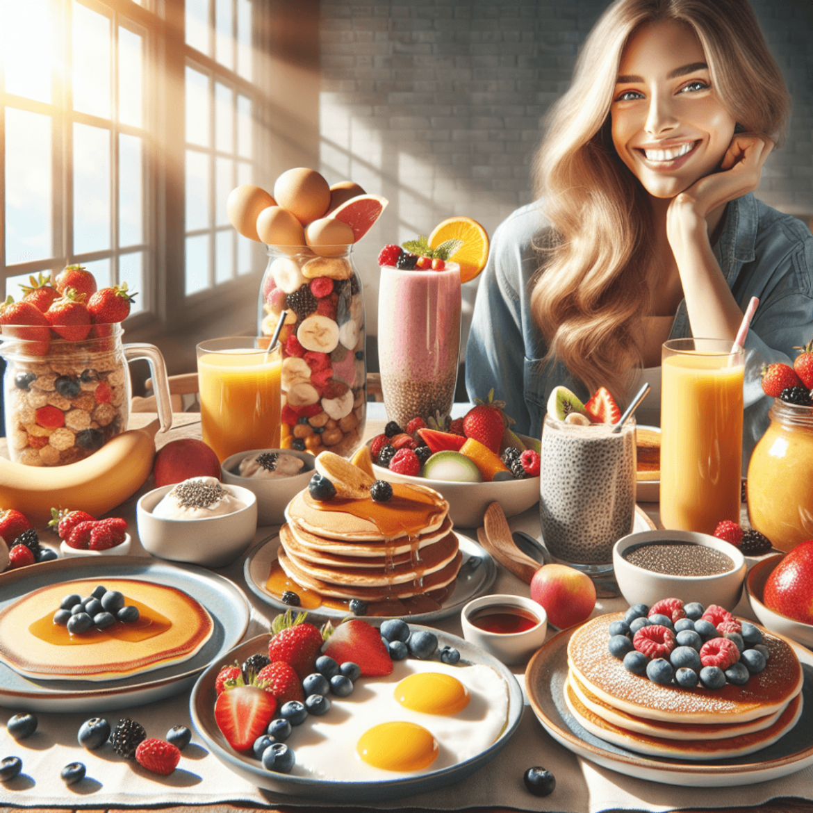 A bright and inviting breakfast scene bathed in warm natural light features a rustic wooden table laden with a variety of nutritious dishes. Fluffy pa