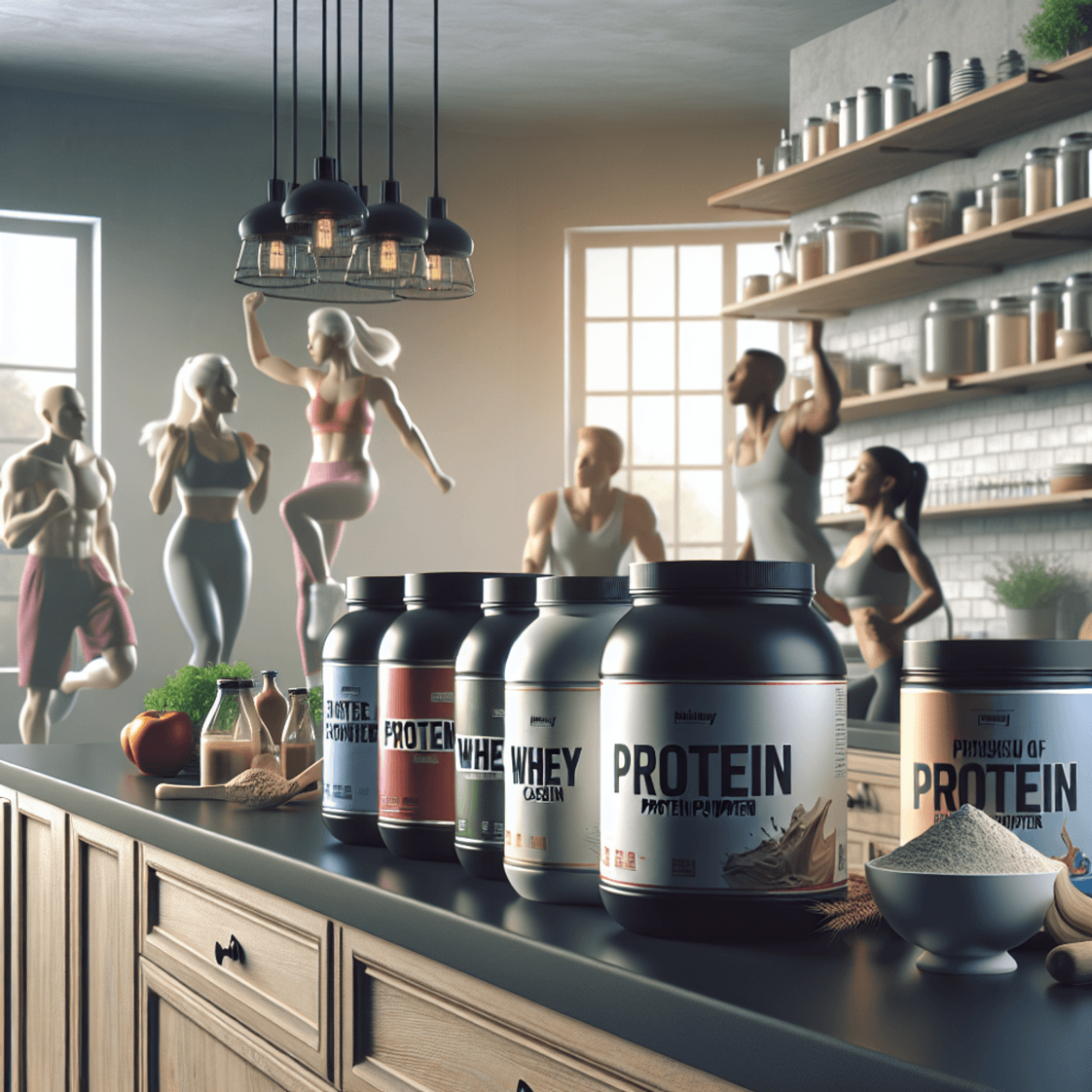 A bright and modern kitchen with a clean countertop lined with a variety of protein powder containers, including whey, casein, soy, and plant-based op