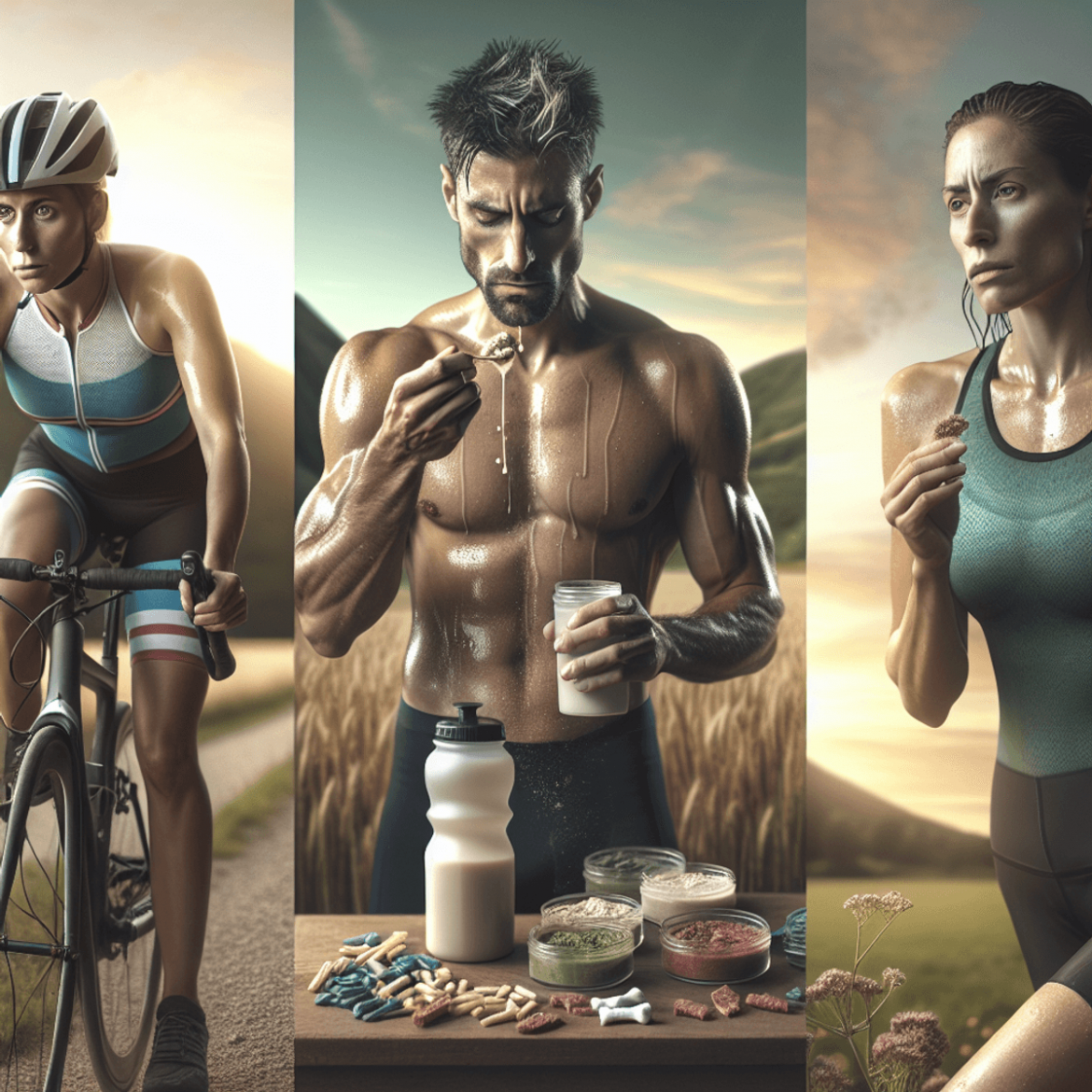 A diverse group of endurance athletes sits together in an outdoor setting after a rigorous training session. A Caucasian female cyclist wipes sweat fr