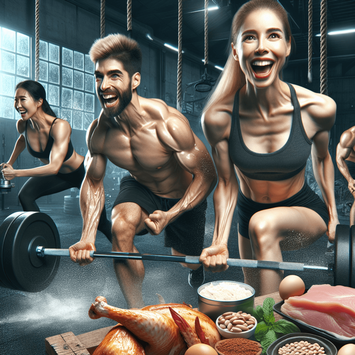 A diverse group of people engaged in a vigorous gym workout, featuring a Caucasian man lifting weights and an Asian woman doing a fitness drill. Both