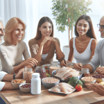 A diverse group of people, including a Caucasian woman and an Asian man, are seated around a table filled with various protein-rich foods like chicken