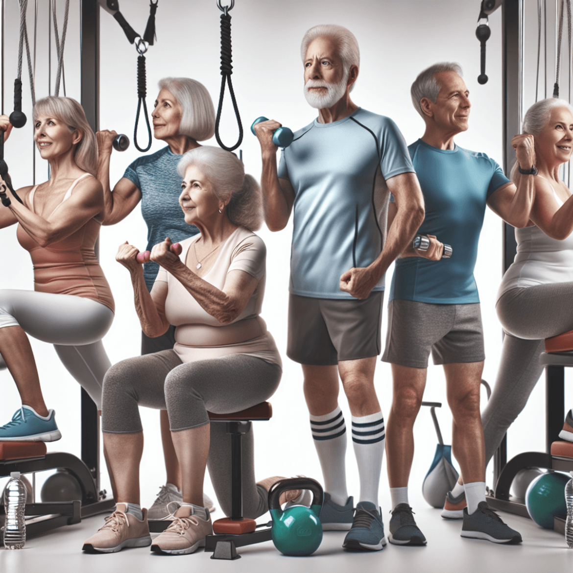 A diverse group of six older adults, two Caucasian men, two Hispanic women, and two Asian individuals (one man and one woman), are engaged in strength