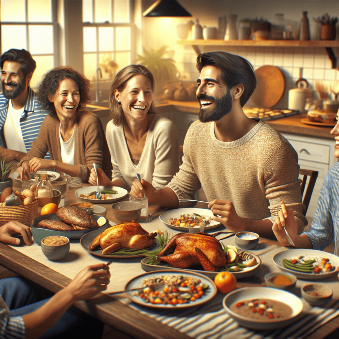 A diverse group of three individuals sharing a joyful meal at a warmly lit dining table in a cozy kitchen. A Caucasian woman, an Asian man, and a Hisp