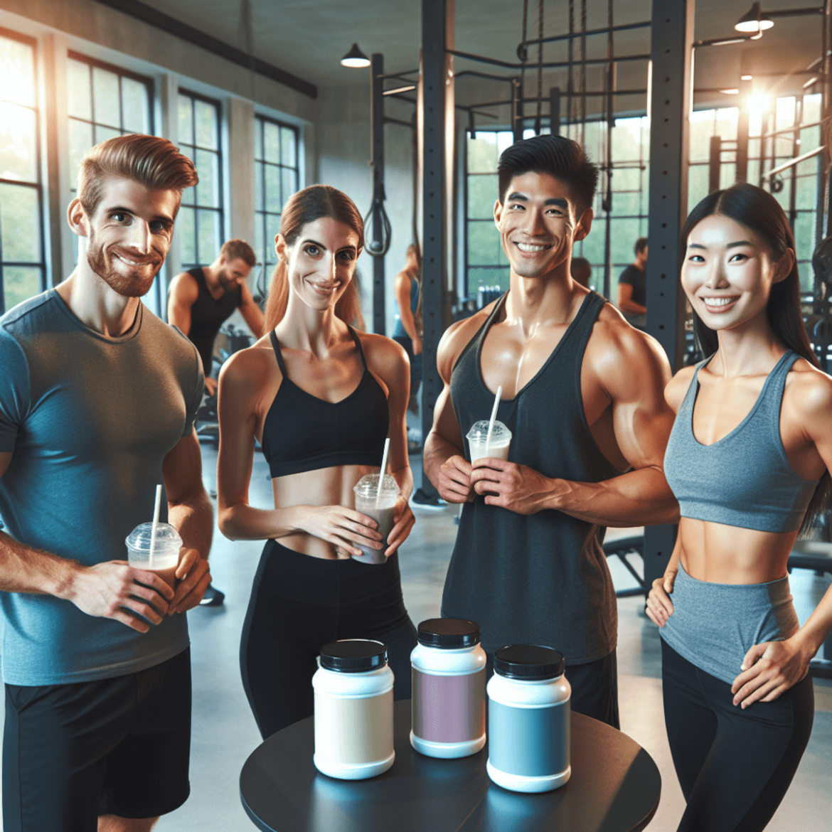A group of diverse fitness enthusiasts, including a smiling Caucasian woman and an Asian man, stands in a brightly lit gym surrounded by exercise equi