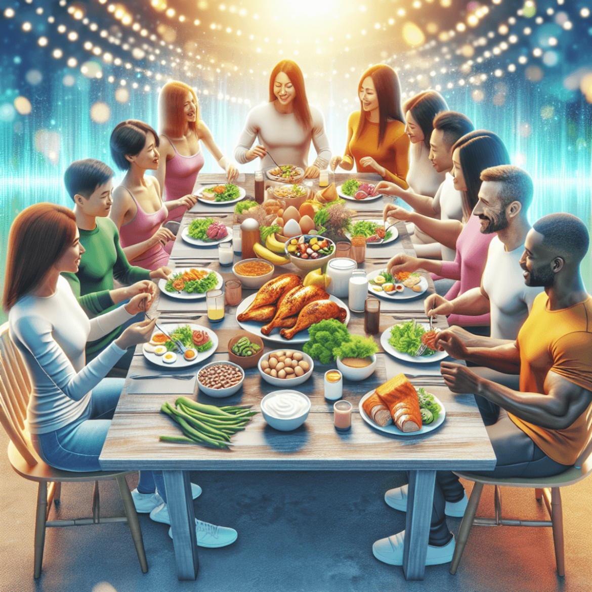 A multi-ethnic group of three people—Caucasian, Asian, and Hispanic—smiling and enjoying a vibrant meal around a dining table filled with grilled chic