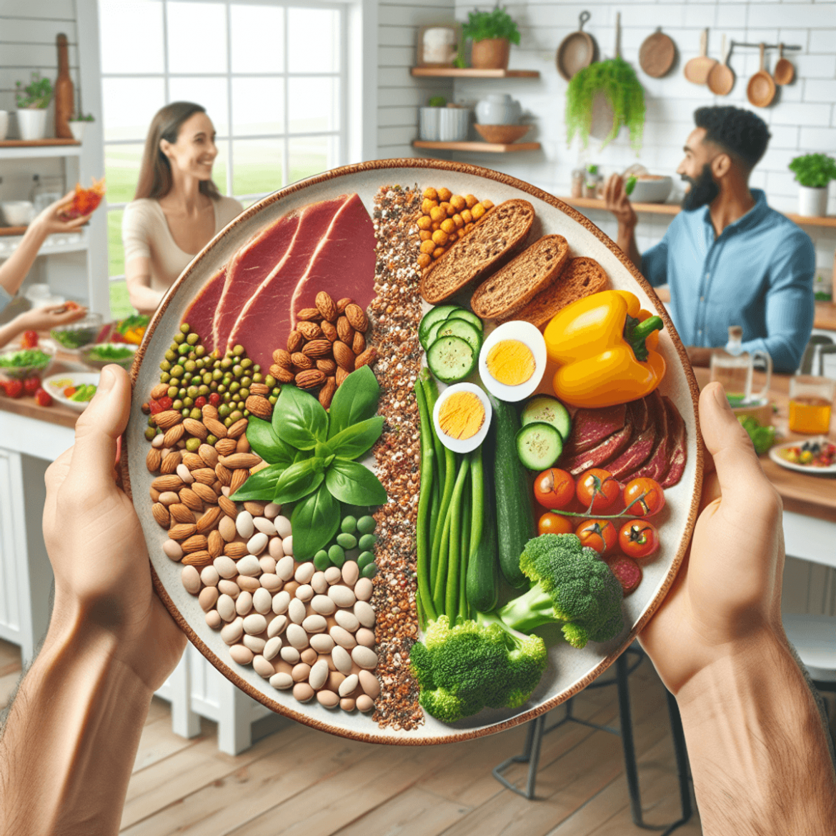 A split plate filled with colorful plant-based protein sources like legumes, nuts, and seeds on one side, and lean meats, dairy products, and eggs on