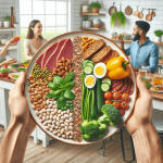 A split plate filled with colorful plant-based protein sources like legumes, nuts, and seeds on one side, and lean meats, dairy products, and eggs on