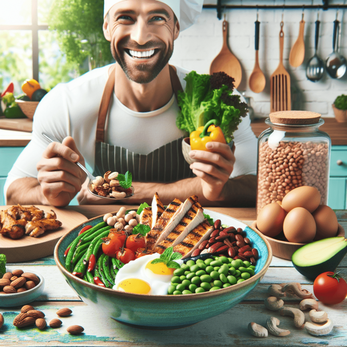 A vibrant, colorful dish filled with grilled chicken, assorted legumes, nuts, and eggs sits on a wooden countertop in a brightly lit kitchen. A smilin