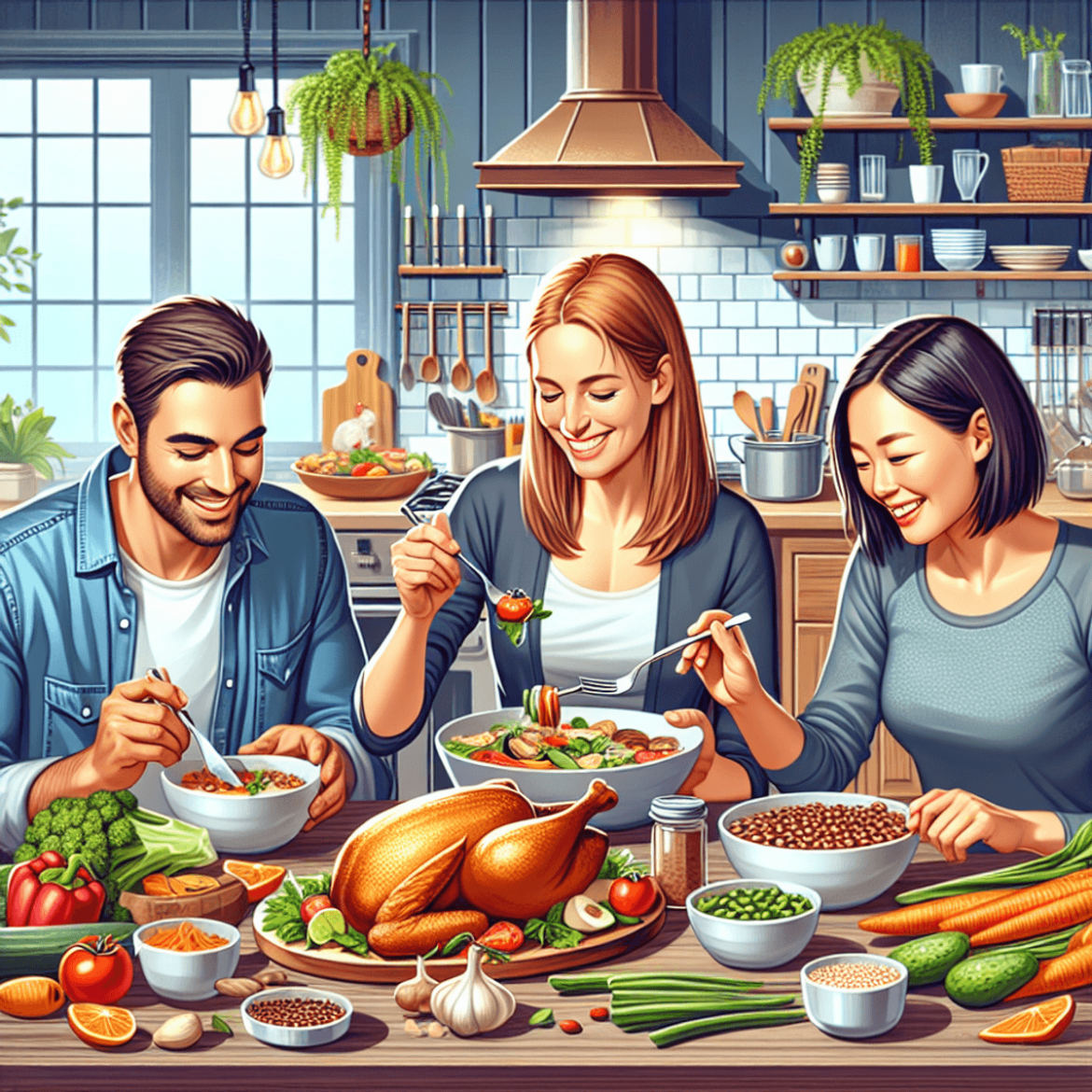 A vibrant contemporary kitchen scene featuring a Caucasian man, a Hispanic woman, and an Asian woman gathered around a dining table filled with a colo