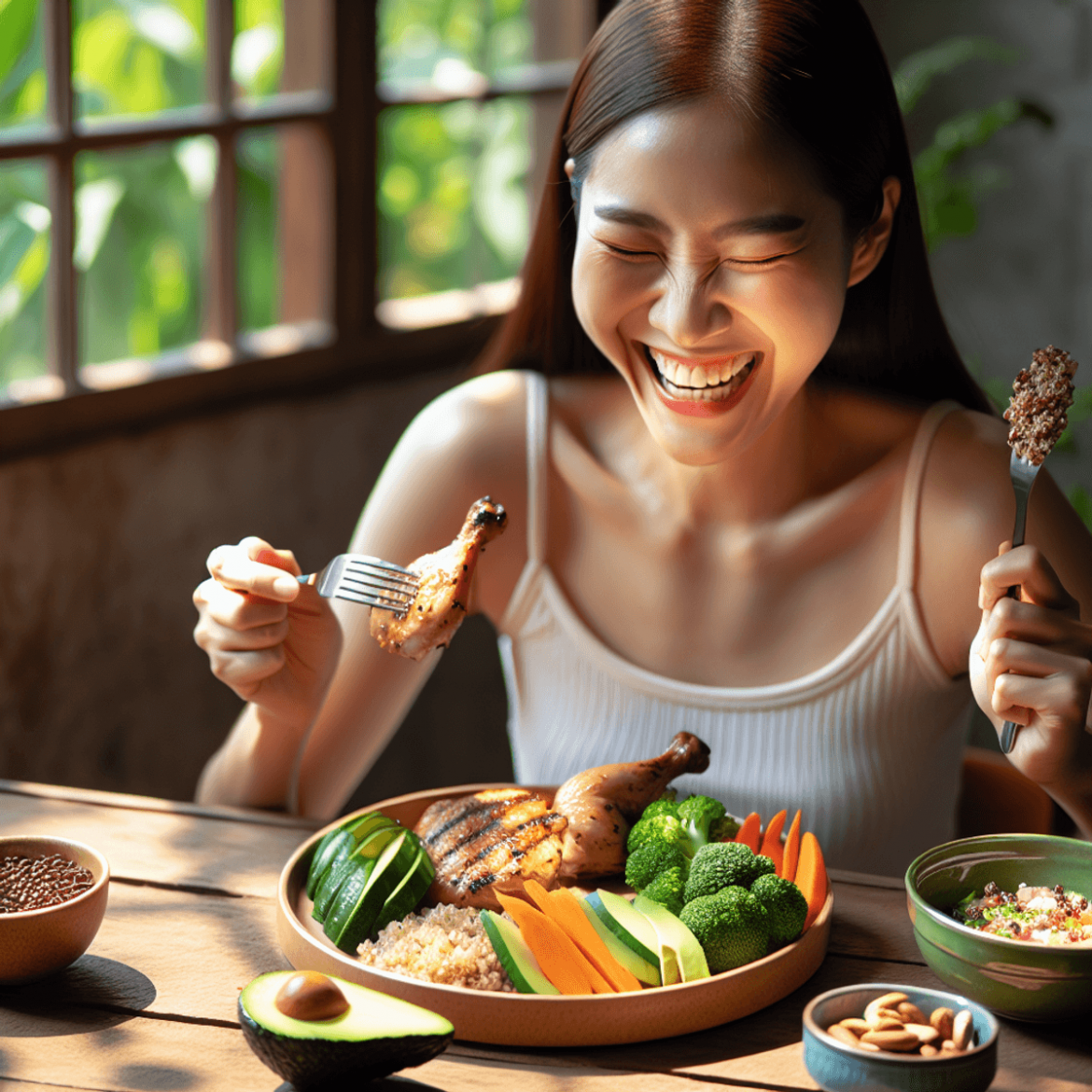 An Asian woman with a bright smile is sitting at a wooden table, enjoying a colorful, well-balanced meal under natural light. Her plate features tende