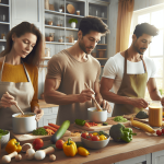 Three people in a brightly lit kitchen are enthusiastically preparing high-protein meals. A Caucasian woman is accurately measuring ingredients for a