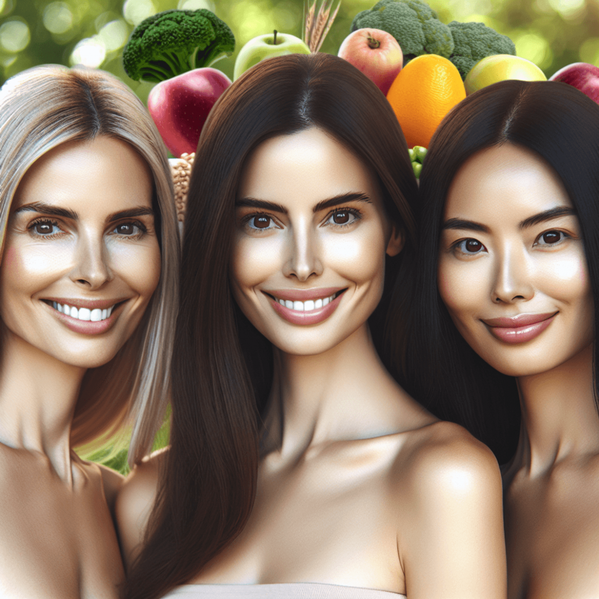 Three women of diverse ethnic backgrounds – one Caucasian, one Hispanic, and one Asian – stand closely together in a bright, serene outdoor setting. E